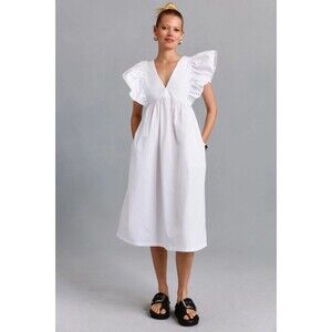 Maeve White Midi Dress Flutter Sleeves V Neckline Empire Waist Romantic Size L